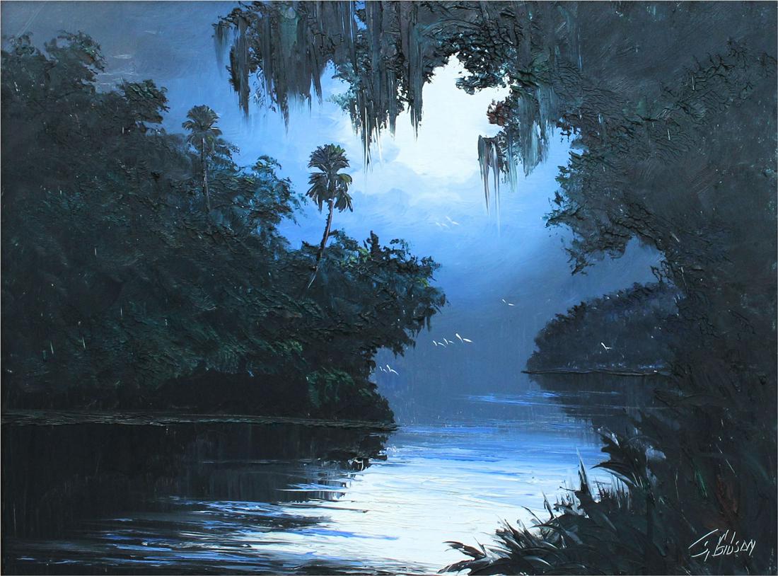 JAMES GIBSON NOCTURNAL FLORIDA HIGHWAYMEN PAINTING: GIBSON, James, (American, 1938 - 2017): Nocturnal Florida Highwaymen River Scene, Oil/Board, 18'' x 24'', signed lower right, framed, 23'' x 29''.