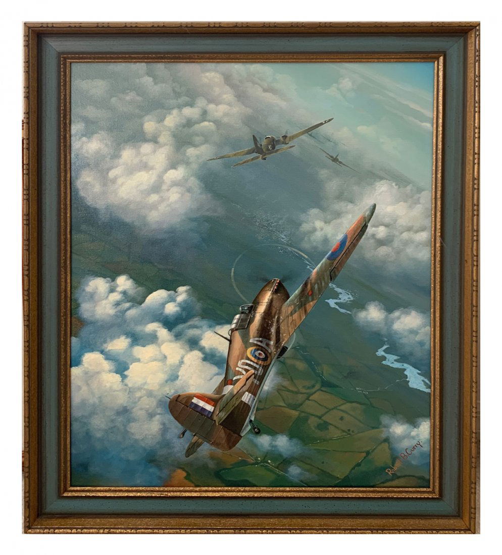 WORLD WAR II AIRPLANE DOGFIGHT PAINTING: WORLD WAR II AIRPLANE DOGFIGHT PAINTING SIGNED ROBERT B. CURRY: Oil/Canvas, 28'' x 22'', signed lower right, framed, 32.5'' x 26.5''.
