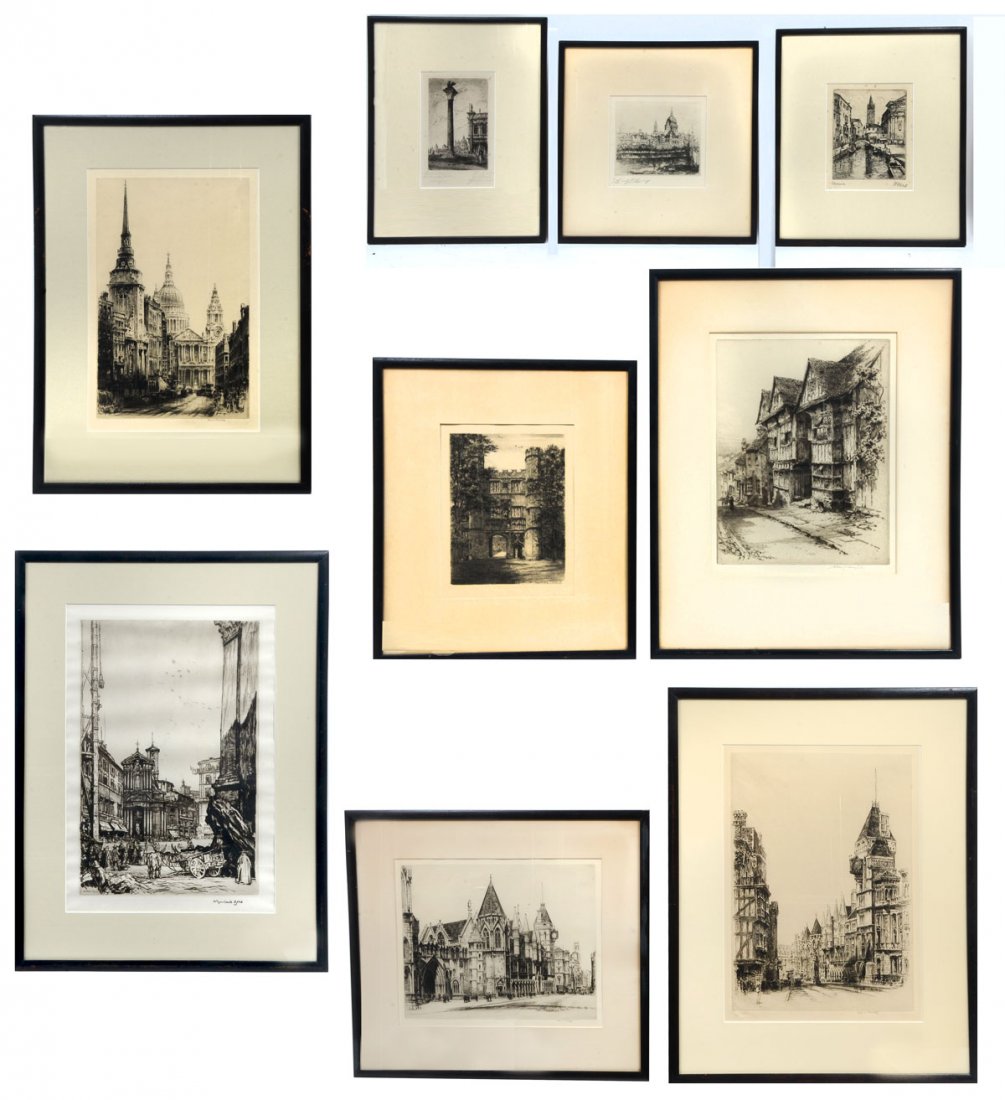 9 PIECE ETCHING LOT: 9 PIECE ETCHING LOT: Artists Include Fred Farrell, Muirhead Bone and Albany Howard, framed, 23.5" x 17.5".