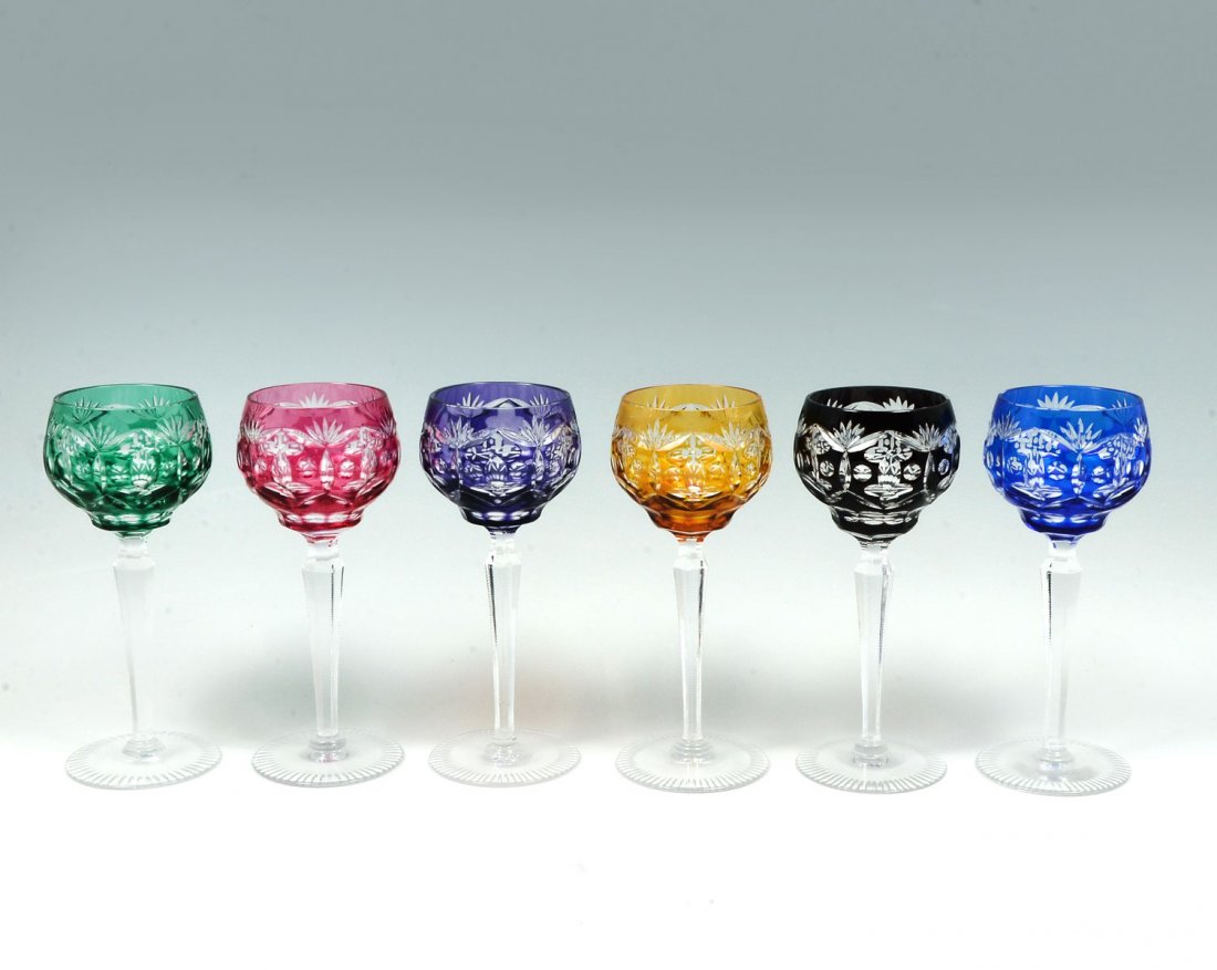 6 PIECE BOHEMIAN CUT TO CLEAR STEMS: 6 PIECE BOHEMIAN CUT TO CLEAR STEMS: 6- Colorful Bohemian cut to clear long stem wine glasses, having hexagonal stems with ribbed design at undersides of feet. Approx. 8'' h x 3.25'' w.