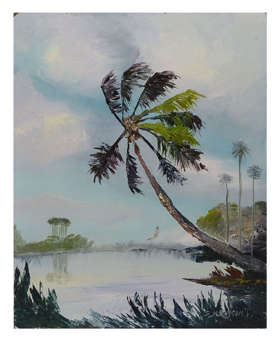 SAM NEWTON JR. FLORIDA HIGHWAYMEN RIVER PAINTING: NEWTON Jr., Sam, (American, b. 1948): Florida Highwaymen River Scene with Palm, Oil/Board, 20" x 16", signed lower right, unframed.
