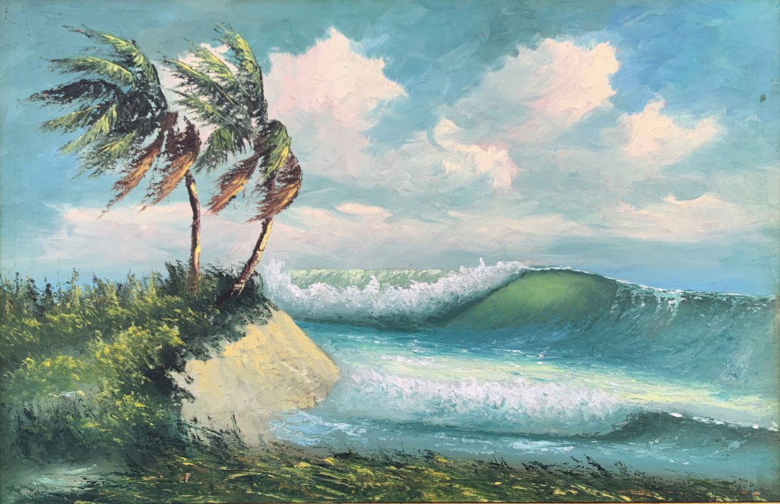 AL BLACK FLORIDA HIGHWAYMEN COASTAL WAVE PAINTING: BLACK, Al, (American, b. 1947): Florida Highwaymen Coastal Scene with Palms and Breaking Waves, Oil/Upson Board, 22.75" x 35", signed lower right, dated '71, framed, 26" x 38.5".