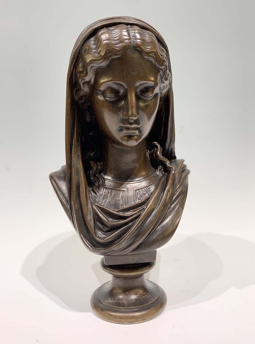 AIZELIN BARBEDIENNE BRONZE BUST: AIZELIN, Eugene, (French, 1821-1902): Bust of a Hooded Maiden, Bronze, 11" h., signed, marked Barbedienne foundry, dated 12 Juin, 1884.