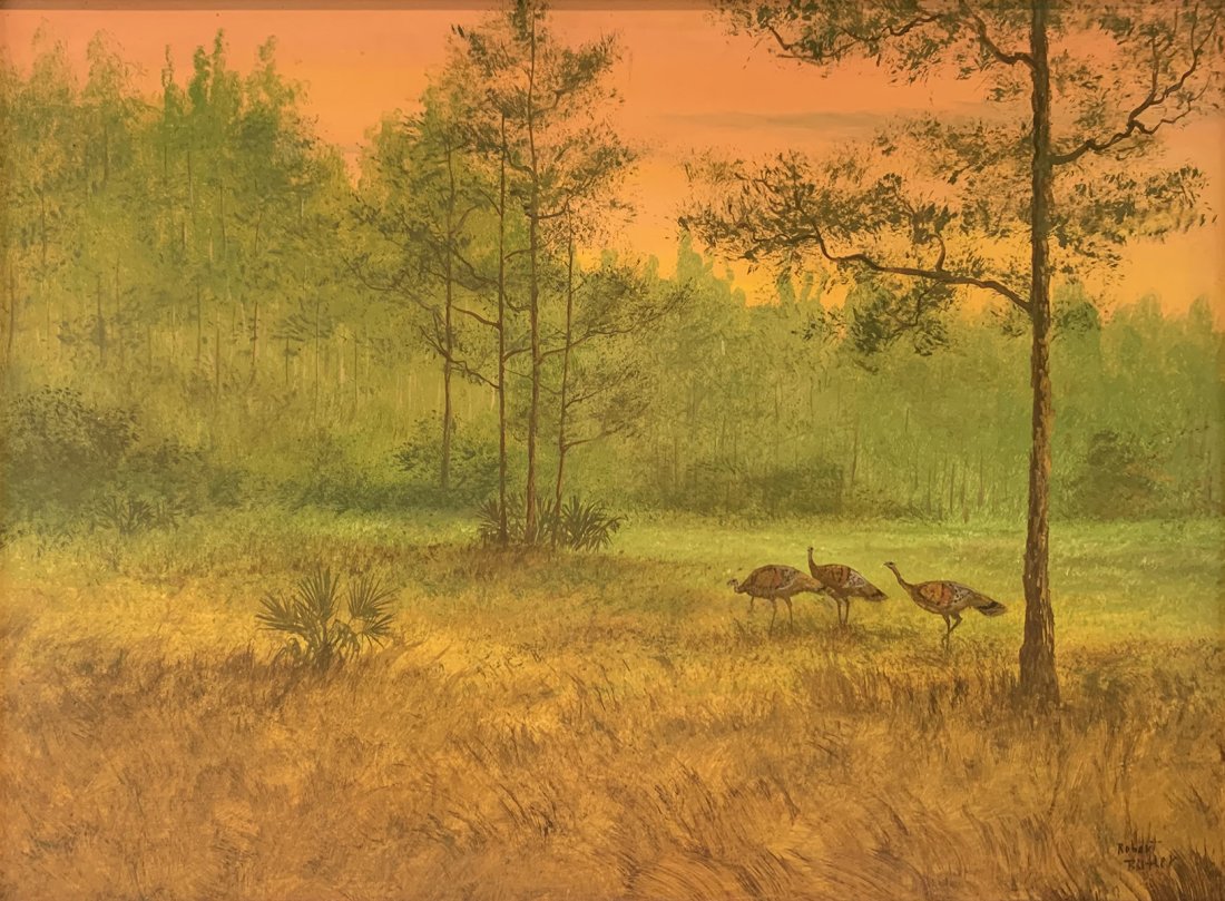 ROBERT BUTLER FLORIDA HIGHWAYMEN TURKEY PAINTING: BUTLER, Robert, (American, 1943-2014): Florida Highwaymen Sunset Landscape with 3 Turkeys, Oil/Masonite, 20.5" x 27.75", signed lower right, framed, 24" x 31".