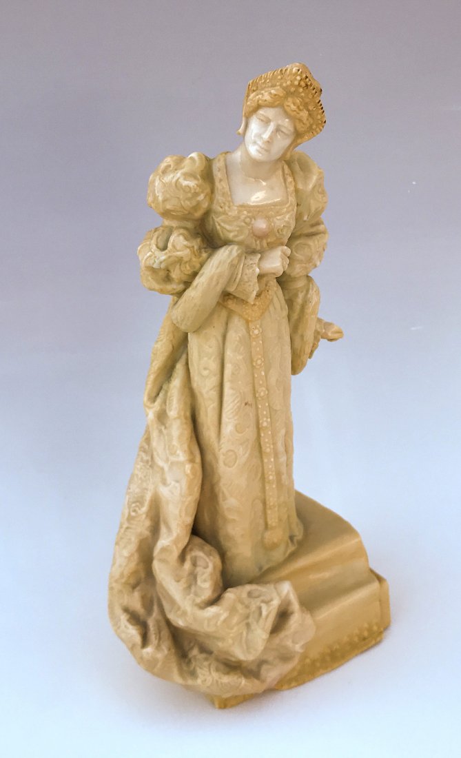 EXTREMELY RARE CHARLES NOKE VELLUM ROYAL DOULTON: EXTREMELY RARE CHARLES NOKE VELLUM ROYAL DOULTON QUEEN CATHERINE: Ellen Terry as Queen Catherine (Vellum) Royal Doulton Figurine, ivory with green and gold tints, issued 1893 -. Charles Noke's vellum 