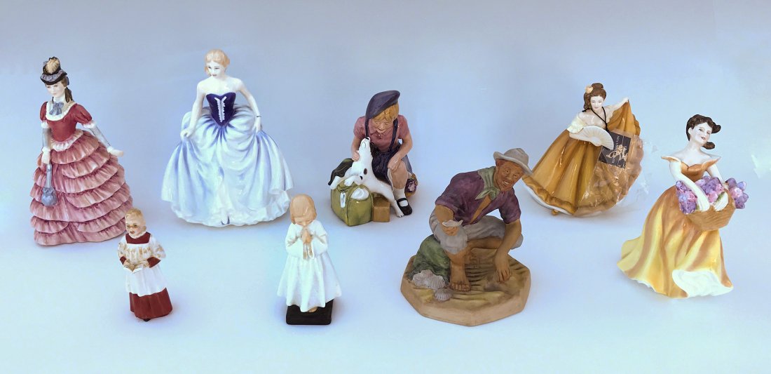 8 PC ROYAL DOULTON FIGURINES: 8 PC ROYAL DOULTON FIGURINES: 1) "Diane", HN 3604, Exclusive Collectors Club Edition, 1993; 2) "Susan", HN 4532, 2004 Figure of the Year, Copr. 2003; 3) "The Homecoming", HN 3295, Modeled by Adrian Hu