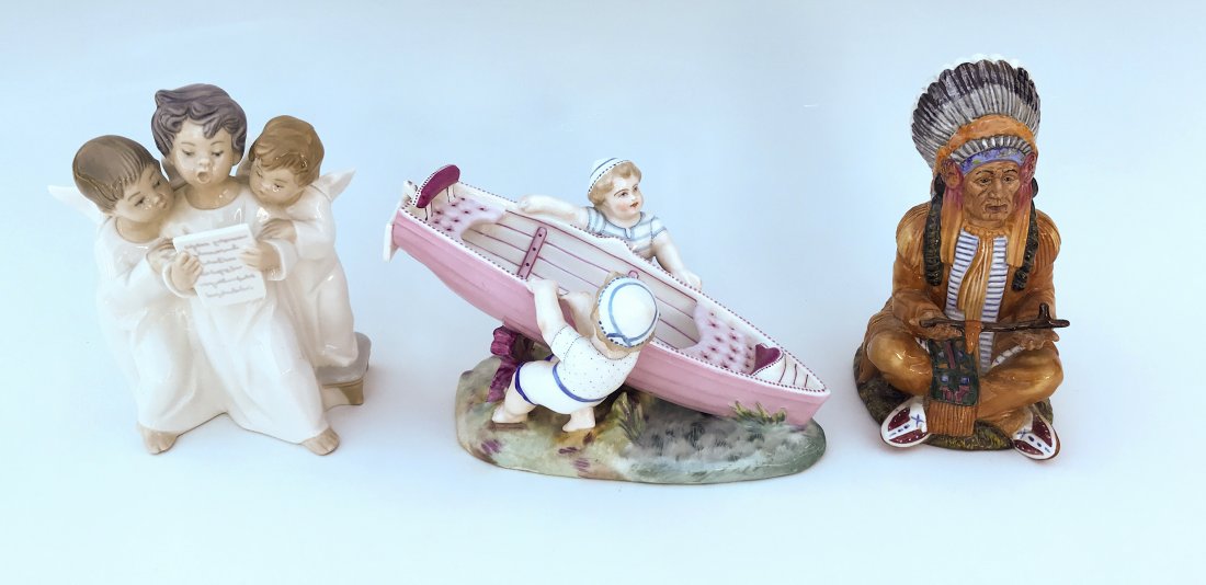 3 PC LOT LLADRO DOULTON GERMAN PORCELAIN: 3 PC LOT LLADRO DOULTON GERMAN PORCELAIN; 1) "Lladro "Trio of Singing Angels, #4542, 7"h; 2) German? Porcelain Group of "2 Young Sailors with Boat" in 1920's garb; 3) "Royal Doulton "The Chief", HN 28