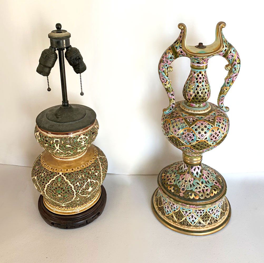 2 PC. PIERCED ZSOLNAY STYLE LAMP BASES: 2 PC. PIERCED ZSOLNAY STYLE LAMP BASES: 1- Double gourd form pierced Zsolnay style 2-light lamp having an overall scrolling foliate design. 1- Large Zsolnay style urn form lamp base with colorful pier