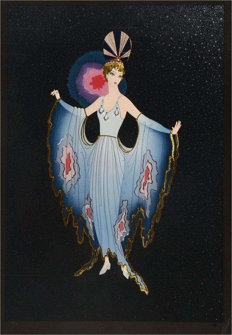 LARGE ERTE "TWILIGHT" SERIGRAPH: TIRTOFF, Romain De, (Russian, 1892-1990): "Twilight", Serigraph, sight size is 32" x 22.5", signed lower right, numbered XLV/CCL lower left, framed 43" x 34".