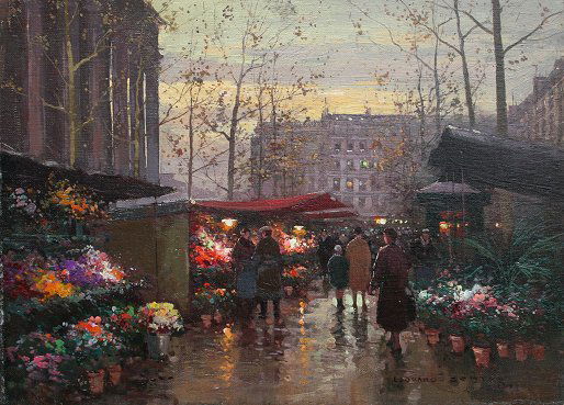 IMPORTANT EDOUARD CORTES PAINTING PARIS: CORTES, Edouard Leon, (French, 1882-1969): "March Aux Fleurs", Place du Madeleine, Oil/C, 13" x 18", signed, gilded frame with repair and overpaint, 19" x 29". Relined, minor inpaint in the lower righ