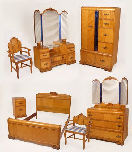 ART DECO 7 PC BEDROOM SET W/ BLUE MIRRORS: WATERFALL BLUE MIRROR GLASS 1940 ART DECO WATERFALL BEDROOM SUITE: To include BED (headboard measures 47 3/4" high x 55 3/4" wide, footboard 24 1/2" high, note non matching bed rails), DRESSER with Mi