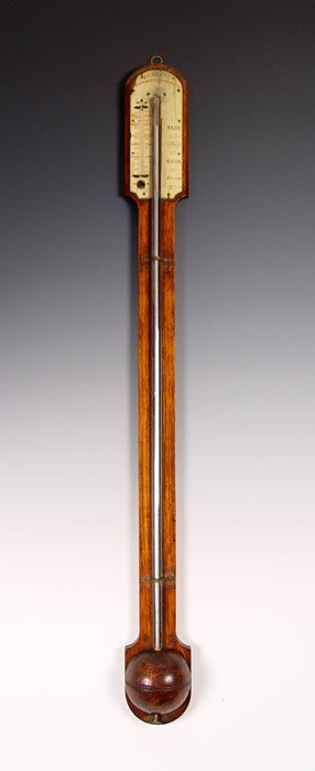 MID 19TH C. JOHN BENNETT ENGLISH STICK BAROMETER: MID 19TH C. JOHN BENNETT ENGLISH STICK BAROMETER: Circa mid 19th century, bone face with name Bennett Watchmakers 65 Cheapside. Mahogany body. Note condition of face, missing thermometer. Measures 37