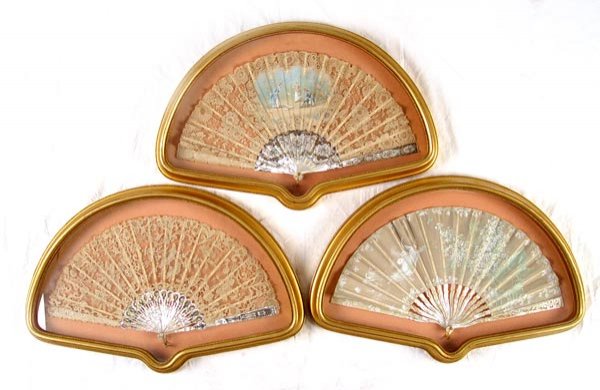 3 HAND PAINTED & LACE MOTHER OF PEARL FANS FRAMED