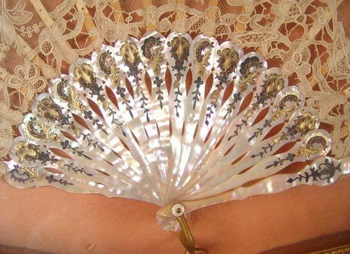 3 HAND PAINTED & LACE MOTHER OF PEARL FANS FRAMED - 3