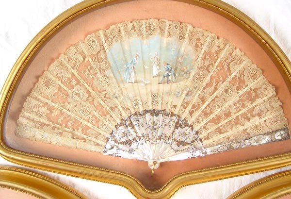 3 HAND PAINTED & LACE MOTHER OF PEARL FANS FRAMED - 6