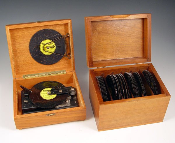 THORENS KEY WIND MUSIC BOX WITH 35 DISCS