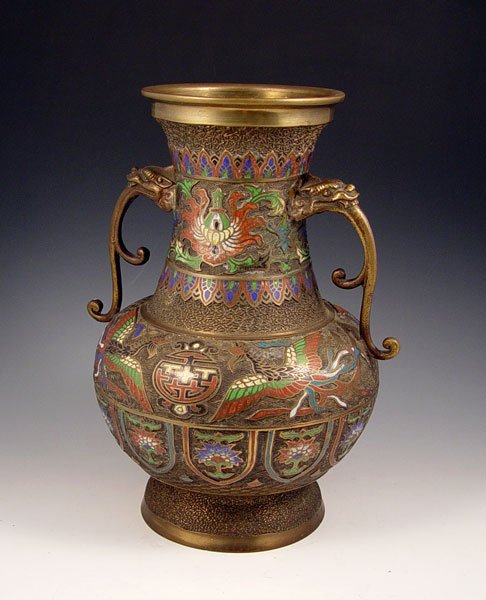 CHINESE CHAMPLEVE VASE elephant head handles