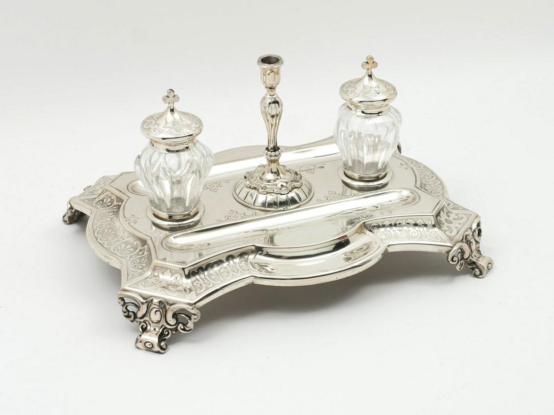 1861 ENGLISH STERLING DOUBLE FONT INKWELL: 1861 ENGLISH STERLING DOUBLE FONT INKWELL STEPHEN SMITH WILLIAM NICHOLSON: Approx. 26.97 Troy ounces. Ornate Double Font Inkwell and Candlestick on a decorated plateau raised on four scrolled foliate