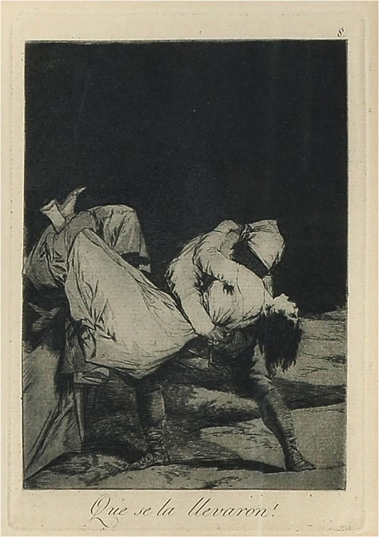 GOYA ETCHING ''QUE SE LA UEVARON'': GOYA, Francisco Jose de, (Spanish, French, 1746 - 1828): ''Que Se La Uevaron'', Etching, 9'' x 6.25'', framed, 20'' x 15'', label affixed verso From the Vincent Price Collection.
