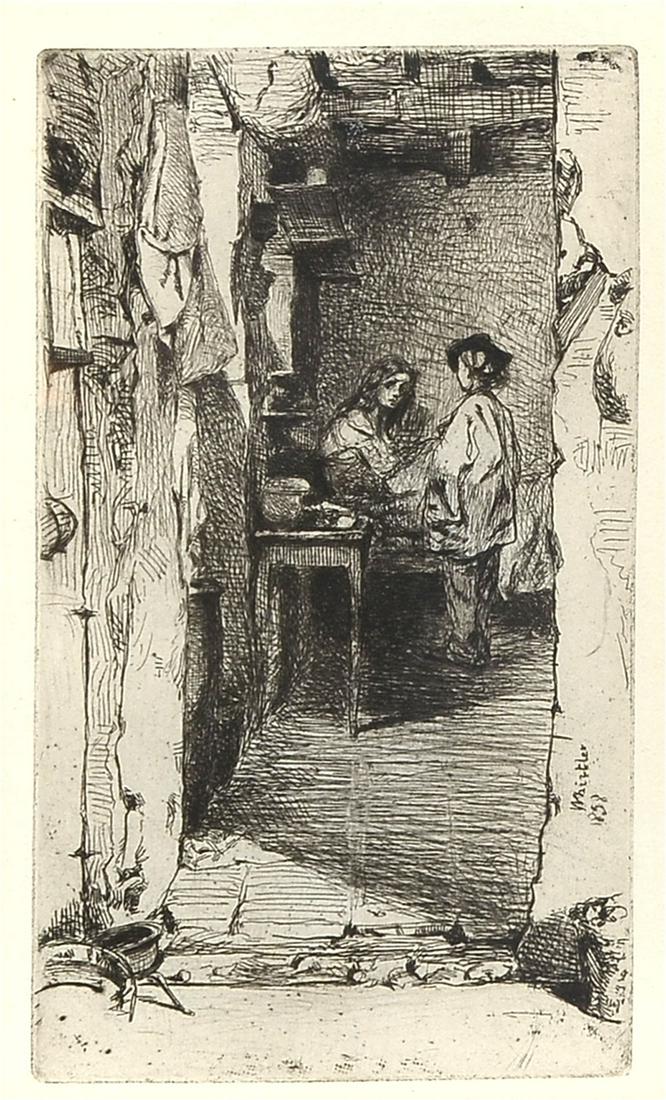 J. M. WHISTLER ETCHING TITLED: WHISTLER, J.M., (American, French, English, 1834 - 1903): ''The Rag Gatherers'', 6'' x 3.5'', 8.5'' x 5.5'' with margins, signed in the plate, dated 1858, framed, 12'' x 10''.