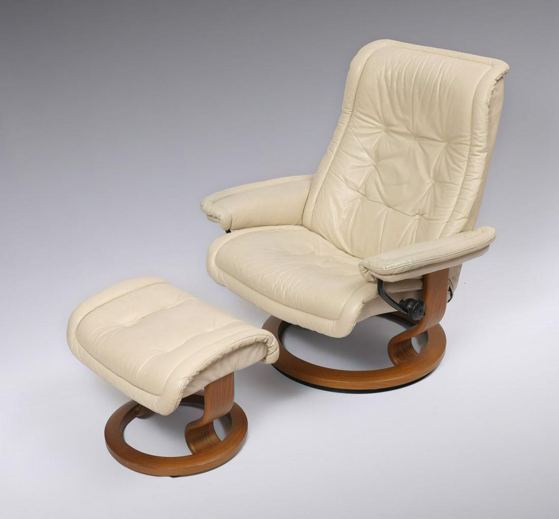 STRESSLESS RECLINER AND OTTOMAN: STRESSLESS RECLINER AND OTTOMAN: White leather upholstered adjustable recliner & ottoman, each with bentwood bases. Recliner has a swiveling base. Recliner Approx. 39" h x 31" l x 35" w. Ottoman Appro