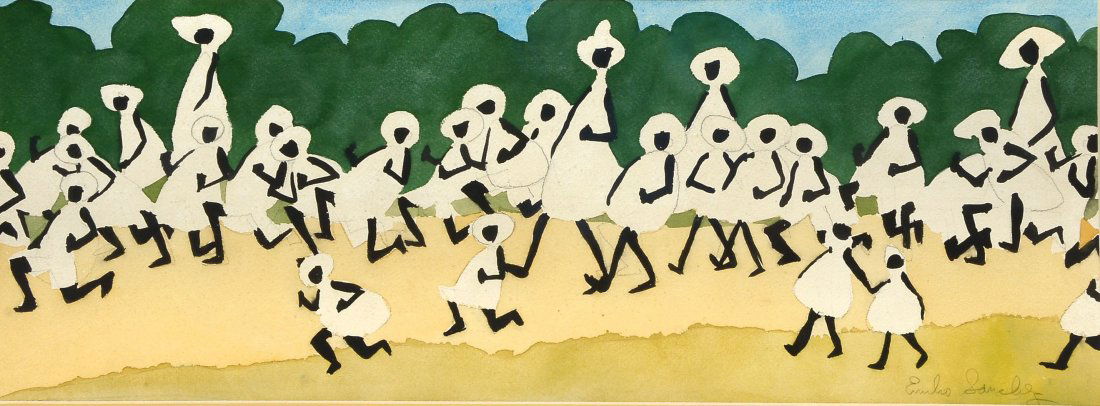 EMILIO SANCHEZ PAINTING MANY BLACK FIGURES: SANCHEZ, Emilio (American, Cuban, 1921 - 1999): Black Figures Clad in White, Watercolor, 10.5" x 29.25", pencil signed lower right, framed, 16" x 34.5".