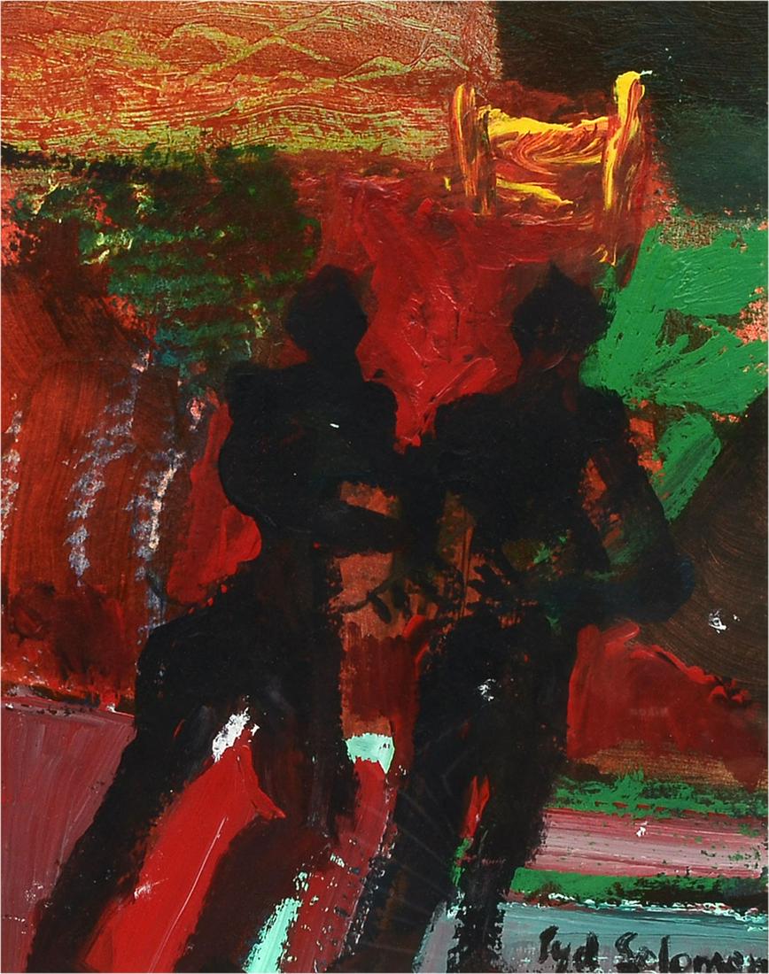 SYD SOLOMON ABSTRACT PAINTING WITH FIGURES: SOLOMON, Syd, (American, 1917 - 2004): "Lauderdale Encounter" (with the Demo Demo Demon), Abstract Painting with Couple, Oil on Card, 12" x 9.5", signed lower right, signde , titled and dated verso 19