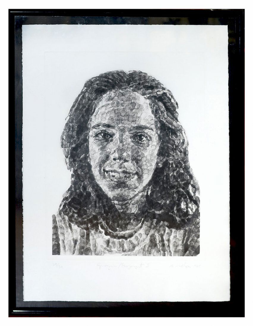 CHUCK CLOSE LITHOGRAPH GEORGIA/FINGERPRINT II: CLOSE, Chuck, (American, 1940-): "Georgia/Fingerprint II", Direct Gravure, 30" x 22.25", signed lower right, dated 1985, titled mid margin, numbered lower left 29/30, framed, 33.5" x 26".