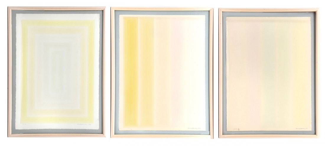 THREE RICHARD ANUSZKIEWICZ THREE GEOMETRIC OP ARTS: ANUSZKIEWICZ, Richard, (American, b. 1930): Three Framed Lithographs from the USF Graphics Studio, 30'' x 22'', all are pencil signed, numbered VI of XX, framed, 34.5'' x 26''.