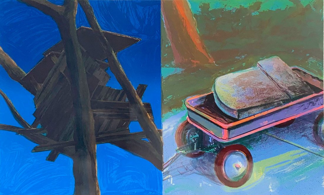 LARGE MARK STOCK LITHOGRAPH "SHOVEL": STOCK, Mark, (American, 1951-2014): "Shovel", 16 Color Lithograph, 31.5" x 48.5", signed, titled, numbered 29/60 and dated 1985, framed, 39.625" x 58.125".