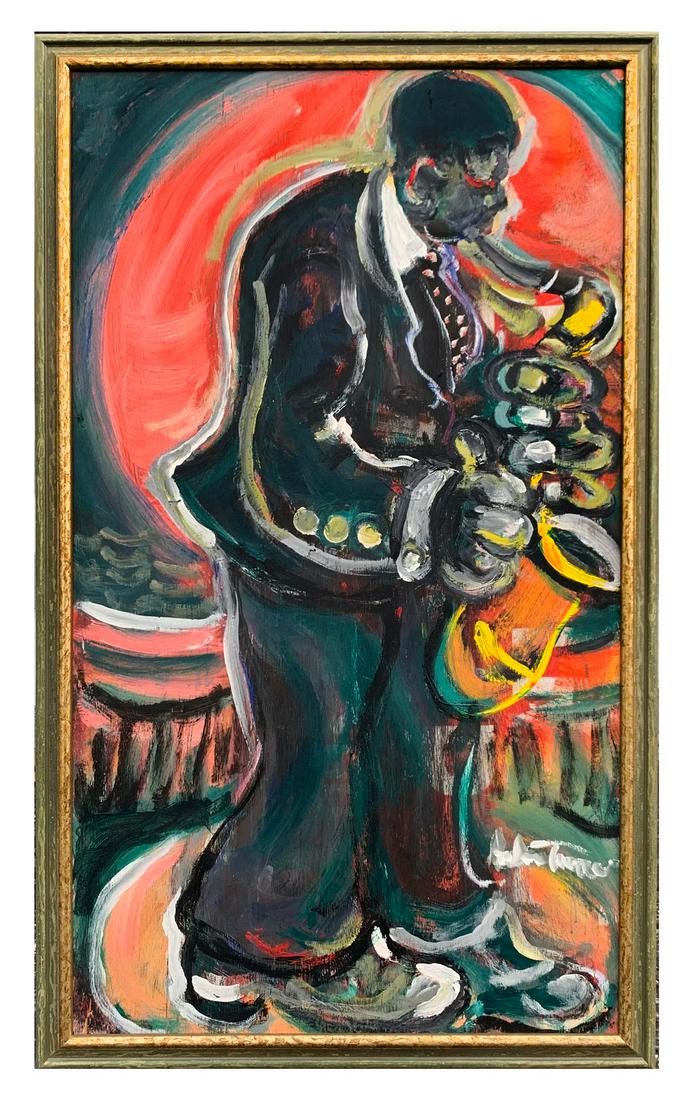 LARGE ANDREW TURNER SAX PLAYER PAINTING: TURNER, Andrew, (American, 1944 - 2001): ''Blue Moon'', African American Saxophone Player, Oil on Board, 41.5'' x 23.5'', signed lower right, framed, 44.5'' x 27.5''.