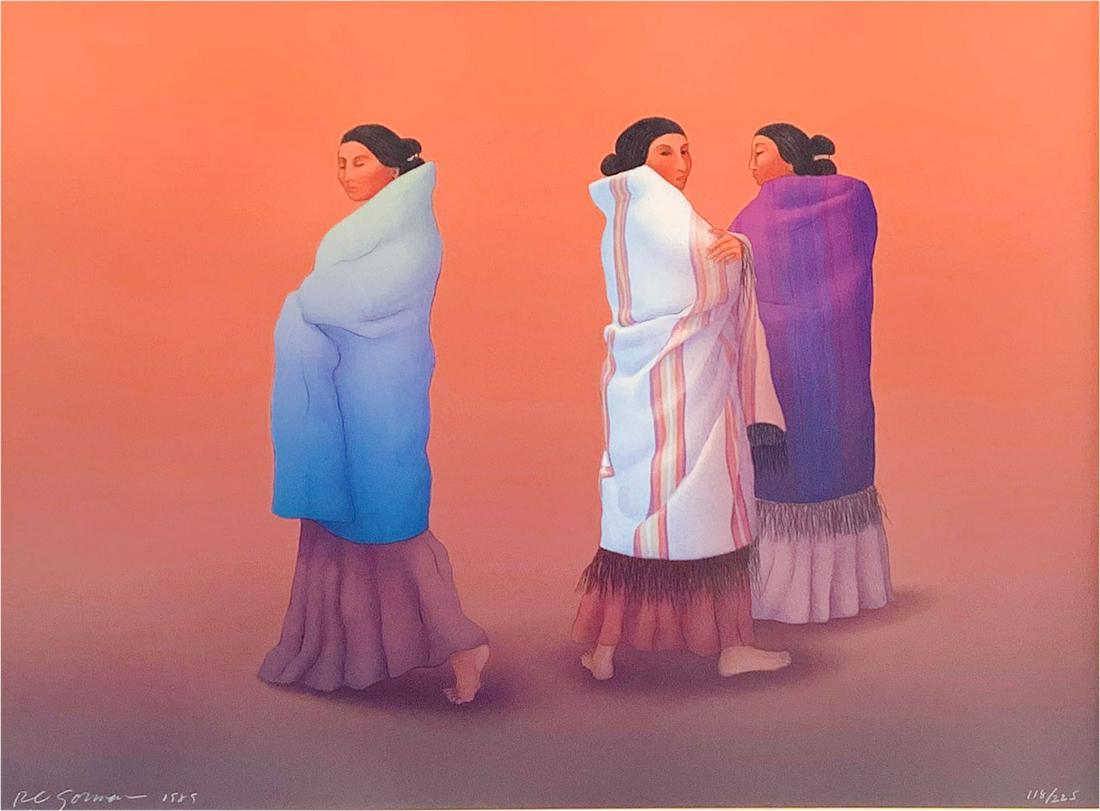 LARGE R.C. GORMAN SERIGRAPH 3 NATIVE AMERICAN WOME: GORMAN, R. C., (American, 1932-2005): 3 Native American Women Wrapped in Blankets, Serigraph, sight size 28.5'' x 35.5'', signed lower left and dated 1985, numbered 118/225 lower right, gold gilded fr