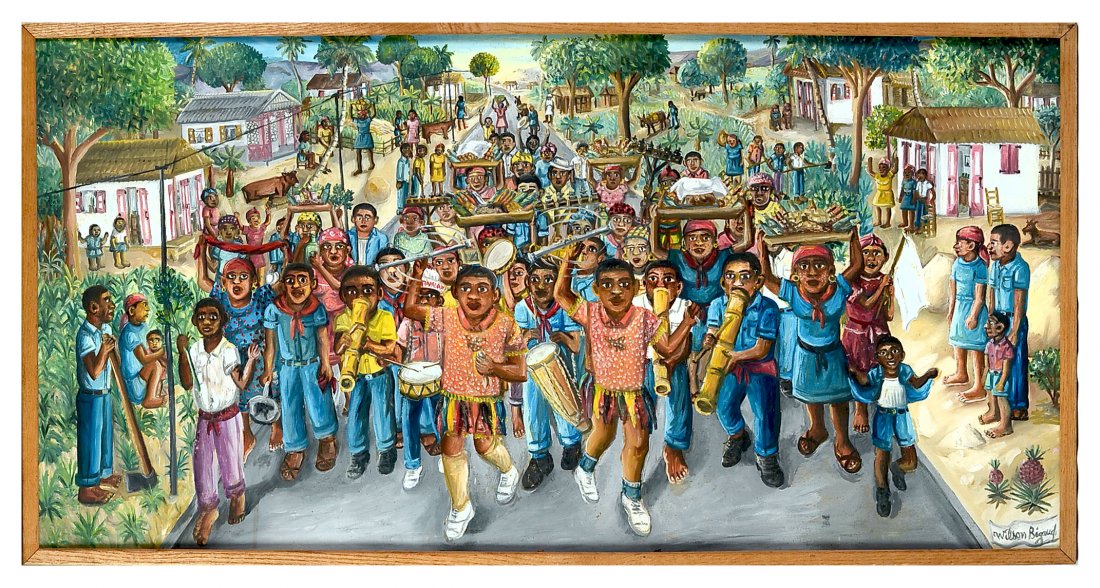 WILSON BIGAUD HATIAN STREET SCENE PAINTING: BIGAUD, Wilson, (Haitian, 1931 - 2010): Crowded Street Scene with Parade, Oil on Masonite, 23.5" x 46.5", signed lower right, framed, 24.5" x 47.5".