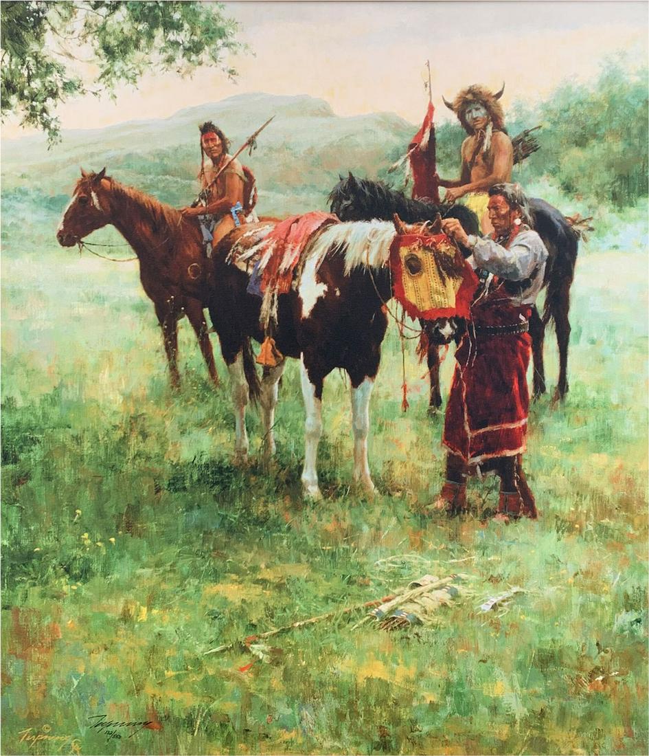 HOWARD TERPNING ''MEDICINE HORSE MASK'' GICLEE: TERPNING, Howard, (American, b. 1927): ''Medicine Horse Mask'', Giclee on Canvas, 29.5'' x 21.5'', Borsini-Burr Galleries sales tag affixed verso with price of $1,975, hand signed lower left, numbered