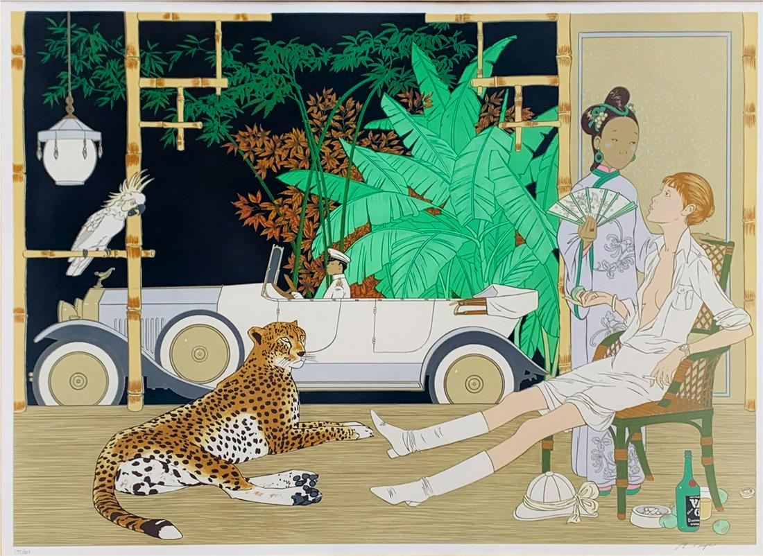 LARGE PHILLIPPE NOYER LITHOGRAPH: NOYER, Phillippe Henri, (French, 1917-85): Scene Depicting Oriental Maid, Young Scantily Clad Adventurer, Chauffeured Limo and Cheetah, Lithograph, sight size, 34'' x 47'', pencil signed lower right,