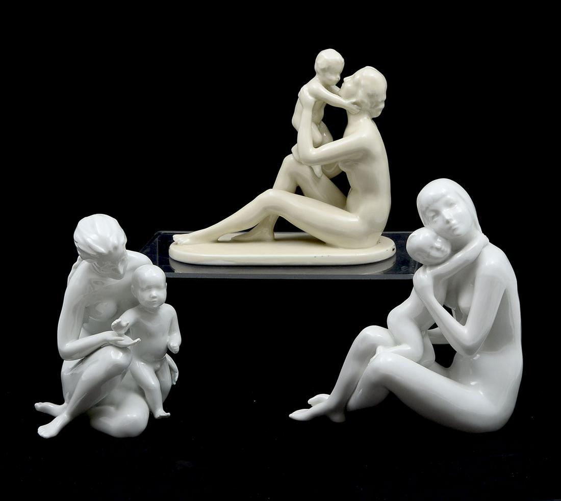 ROYAL DUX BOHEMIA NUDE MOTHER & CHILD: ROYAL DUX BOHEMIA NUDE MOTHER & CHILD: 1) Numbered #21056 and marked, measures 8'' h x 7'' l; 2) Numbered #21058, measures 7.5'' h x 4'' w; 3) Nackten Frauen #5351.