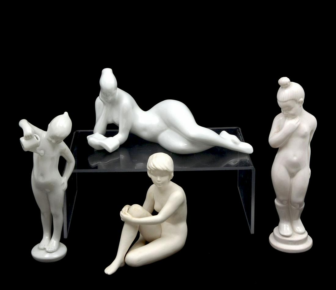 4 PC WHITE PORCELAIN NUDE WOMEN: 4 PC WHITE PORCELAIN NUDE WOMEN: 1) Royal Dux Young Girl with Watering Can #128774800, 8'' h, pink triangle logo on bottom; 2) Royal Dux Reclining Nude Woman Reading, 4.5'' h x 9.5''l; 3) Nude Bisque 