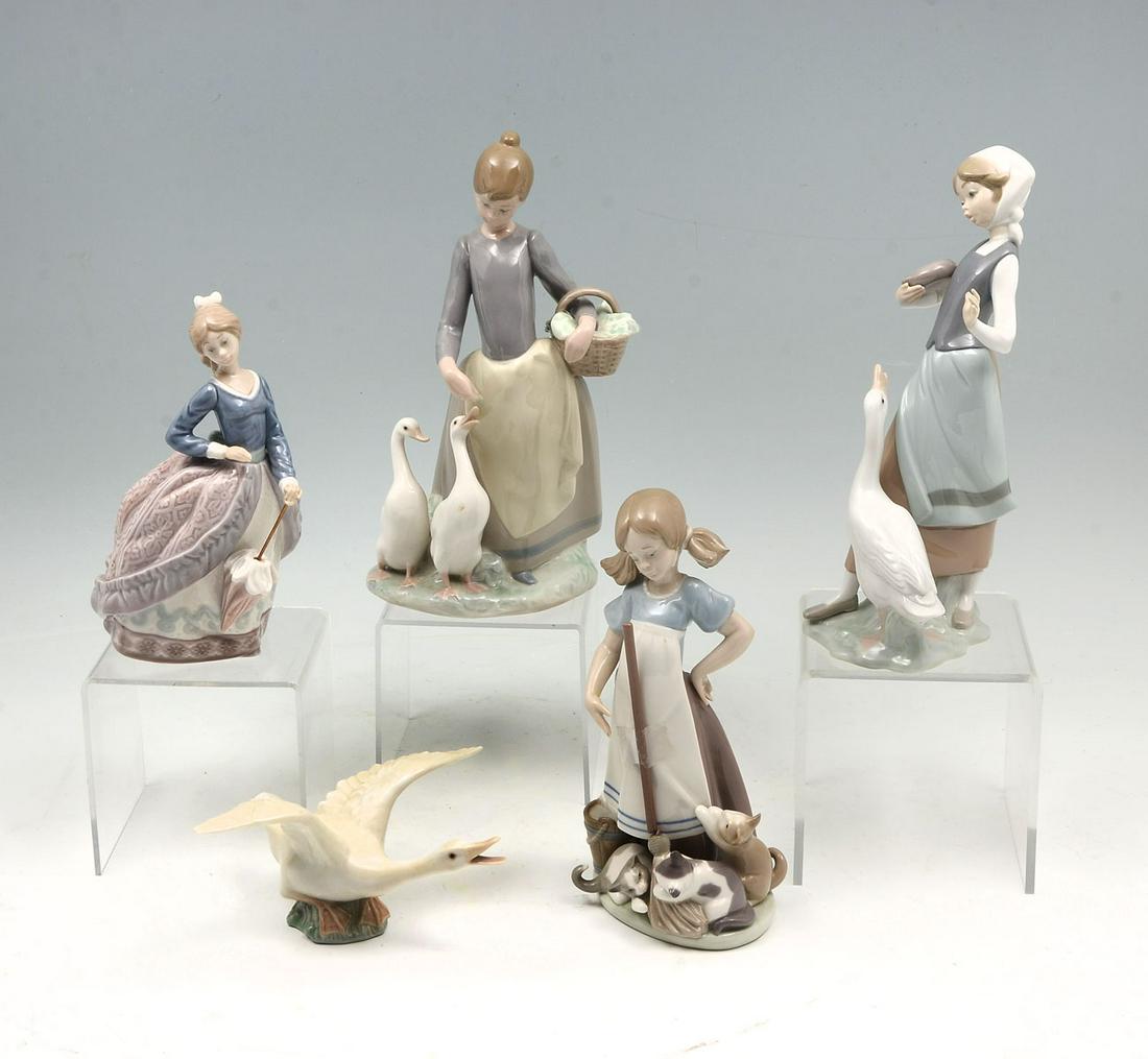 5 PIECE LLADRO COLLECTION: 5 PIECE LLADRO COLLECTION: 1) Retired ''Evita'' by Jose Puche, 7'' h; 2) Girl Feeding Geese, approx 10''h x 5.5'' w; 3) Girl Feeding Goose/Duck, retired, 9'' h x 4'' w; 4) Girl with Broom and Kittens,