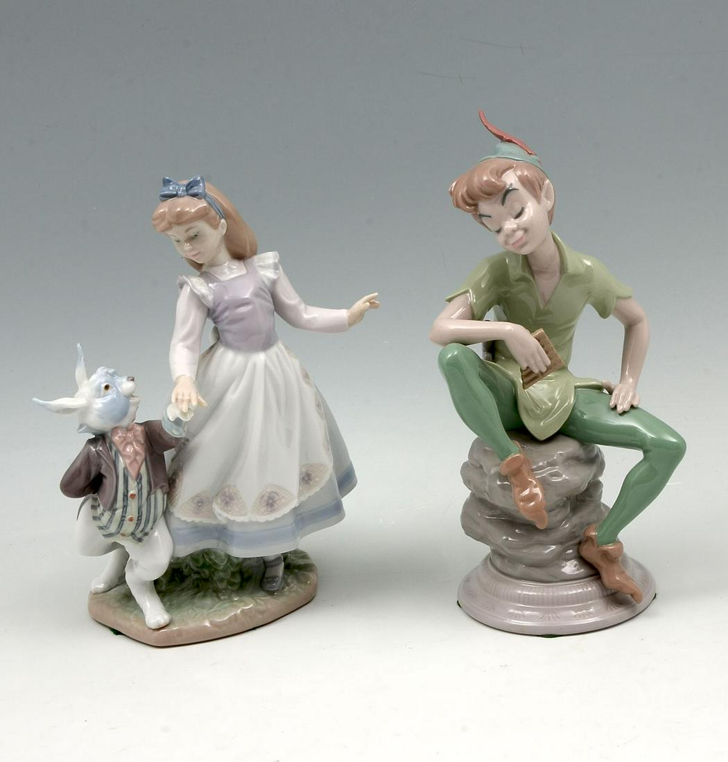 2 PC. LLADRO: 2 PC. LLADRO ''PETER PAN'' & ''ALICE IN WONDERLAND'': 1) ''Alice in Wonderland'', 9'' h x 6.25'', retired 1998; 2) ''Peter Pan'', 9.5'' h x 4.25'', retired 1994.