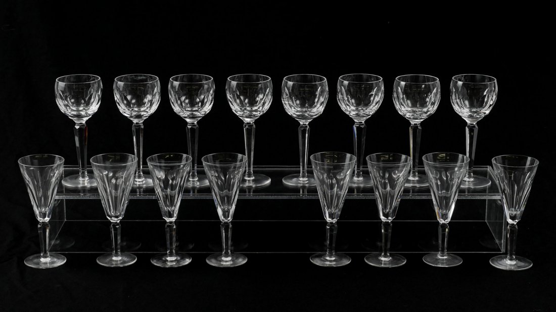 16 PC. WATERFORD "SHEILA" CRYSTAL STEMWARE: 16 PC. WATERFORD "SHEILA" CRYSTAL STEMWARE: Comprising; 8- Fluted Champagne glasses & 8- Wine Hock glasses. All are made by Waterford and are of the "Sheila" pattern. Etched signatures reside at under