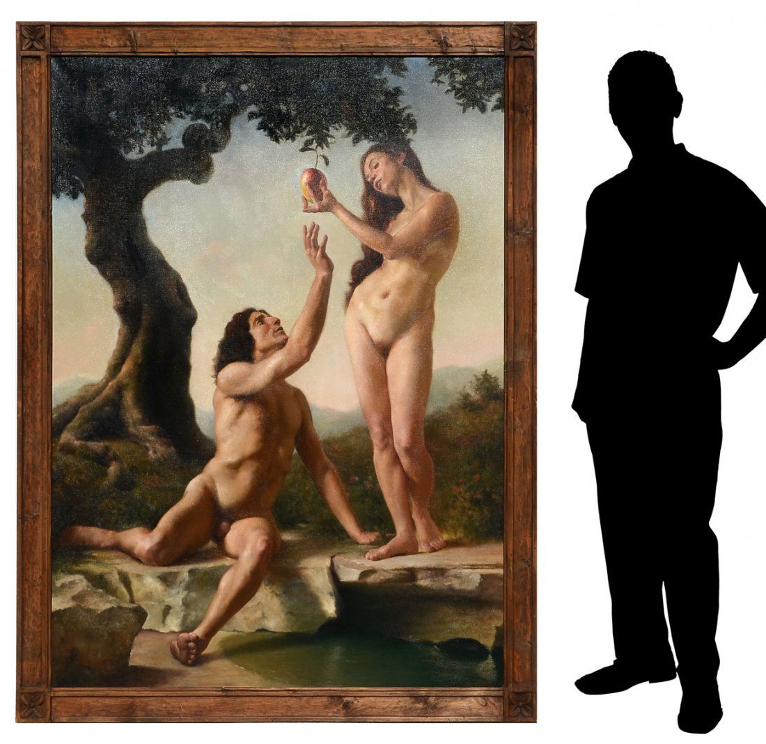 ANTHONY ACKRILL NEARLY LIFESIZE ADAM AND EVE: ACKRILL, Anthony, (American, 20th C.): Adam and Eve, Oil on Canvas, 70" x 50.5", signed Ackrill, lower right, encased in custom wood frame, 77.5" x 58.5". Anthony Ackrill studied at the Florence Acade