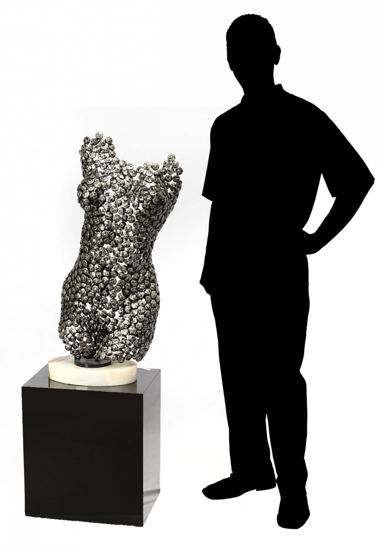 NISO MAMAN TORSO SCULPTURE: MAMAN, Niso, (American, 1957-): Female Torso, Welded Metal Sculpture, 30.5" h., signed on the base, affixed to polished quartz? plinth, 32" overall.