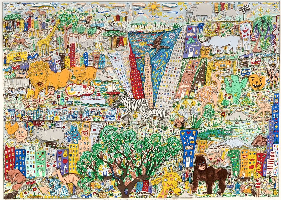 JAMES RIZZI 3-D LITHO "IT'S A JUNGLE OUT THERE": RIZZI, James, (American, 1951 - 2011): "It's a Jungle Out There", 3-D Lithograph, 20" x 26", pencil signed lower left, titled lower mid-margin, numbered 148/150 and dated 1986 lower right, framed, 27"