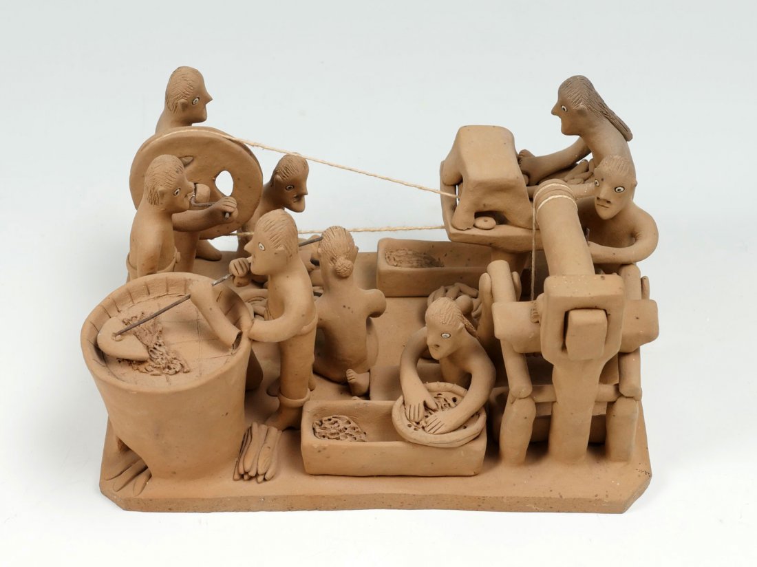 CLAY WORKSHOP BY VITALINO FILHO: CLAY WORKSHOP BY VITALINO FILHO: Vitalino Filho clay sculpture of a functioning food preparation workshop. Impressed marks at underside. Approx. 4.25" h x 8.5" l x 5.25" w.