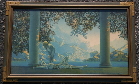 PERIOD MAXFIELD PARRISH DAY BREAK W/ORIGINAL FRAM: AN ORIGINAL PERIOD MAXFIELD PARISH PRINT TITLED "DAY BREAK": Sight size is 10" x 17 1/2", encased in original deco frame, 12 1/2" x 20".
