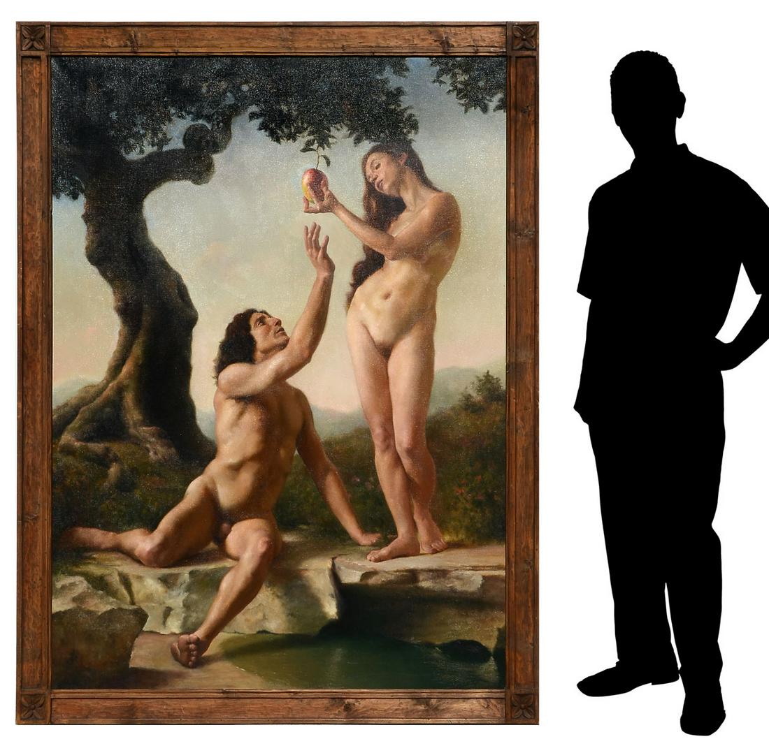 ANTHONY ACKRILL NEARLY LIFESIZE ADAM AND EVE: ACKRILL, Anthony, (American, 20th C.): Adam and Eve, Oil on Canvas, 70'' x 50.5'', signed Ackrill, lower right, encased in custom wood frame, 77.5'' x 58.5''. Anthony Ackrill studied at the Florence A