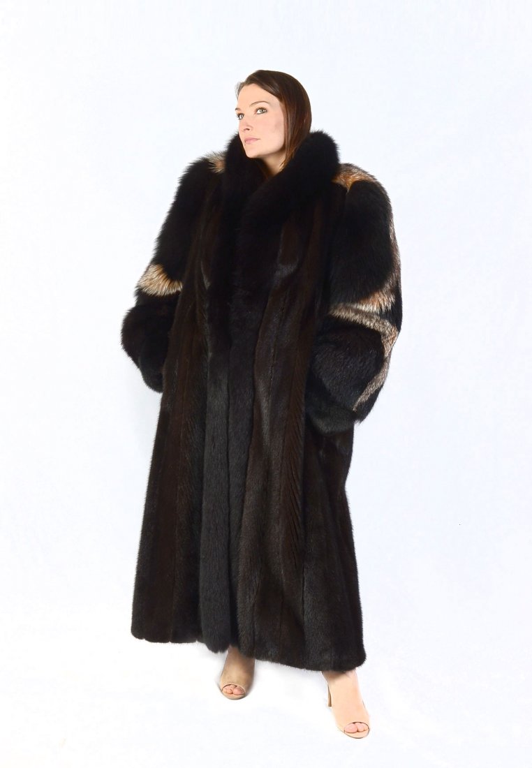FULL LENGTH ESPRESSO MINK WITH BLACK FOX TUXEDO COLLAR: FULL LENGTH ESPRESSO MINK WITH BLACK FOX TUXEDO COLLAR: Lustrous espresso mink coat with black fox tuxedo collar and fawn diamond shape designs set in the sleeves. Black satin lining with Burdines Fur