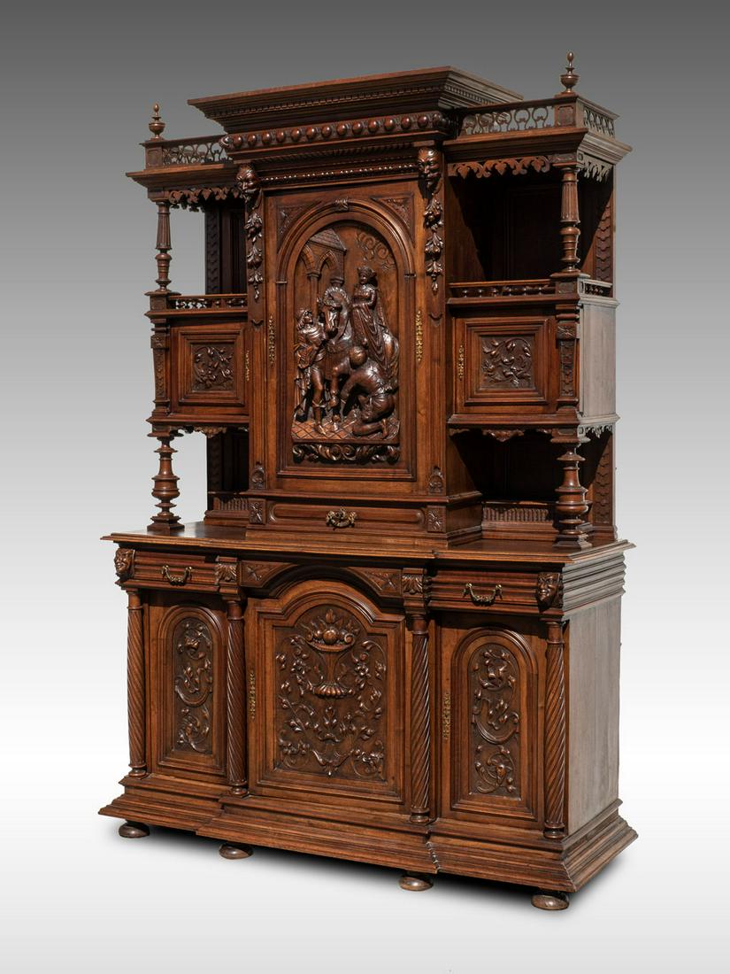 FRENCH ANTIQUE CARVED FIGURAL CUPBOARD: FRENCH ANTIQUE CARVED FIGURAL CUPBOARD: Extensively carved French cupboard, having a high-relief Princess dismounting from horse with the help of two servants. 4-shelf interior with flanking galleries