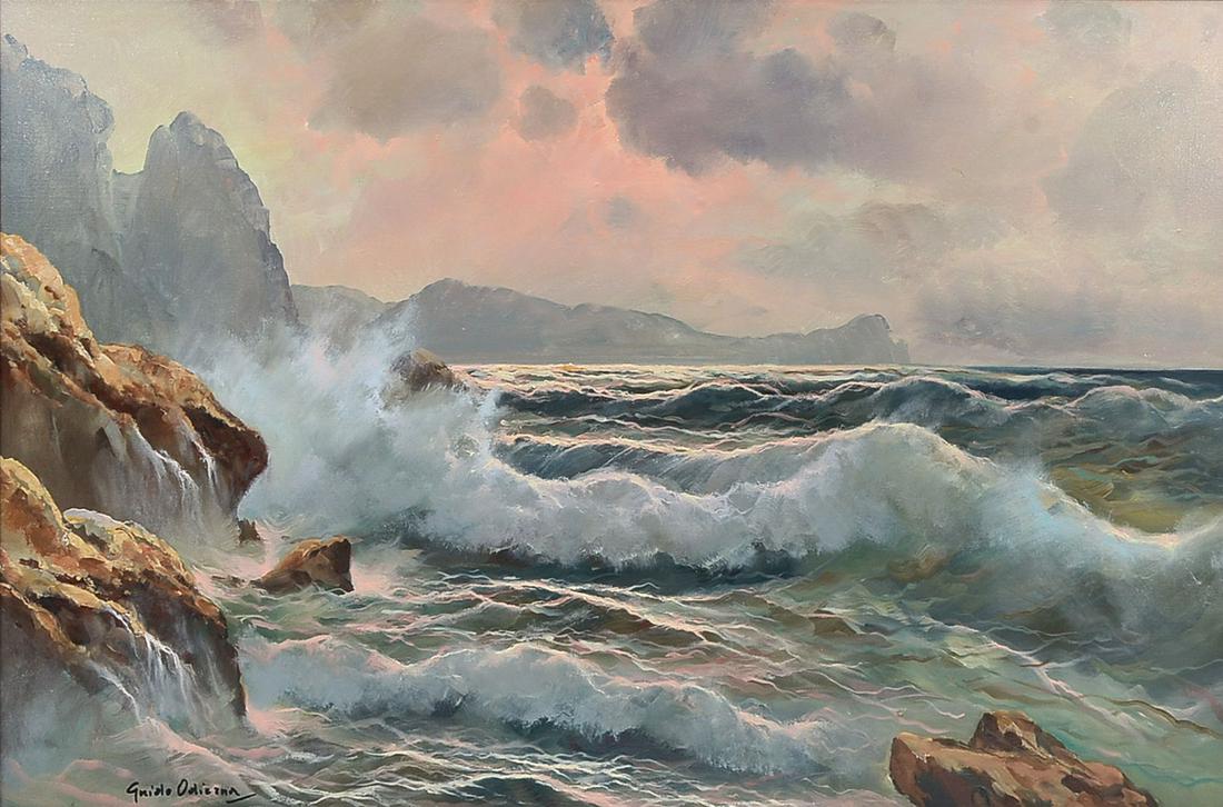 GUIDO ODIERNA CRASHING SURF PAINTING: ODIERNA, Guido, (Italian, 1913 - 1991): Crashing Surf Coastal Sunset, Oil on Canvas, 24" x 36", signed lower left, signed on canvas verso, framed, 32" x 44.5".