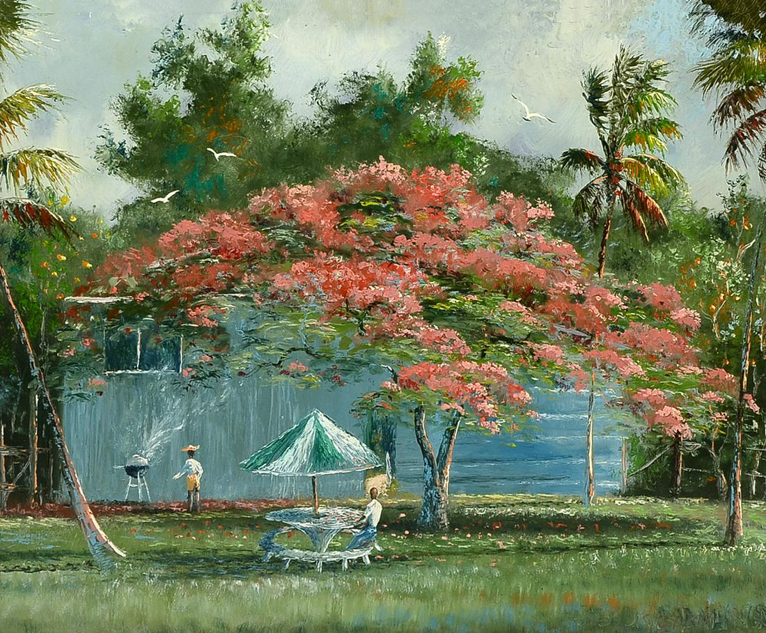 RARE SAM NEWTON FLORIDA HIGHWAYMEN BACK YARD BBQ: NEWTON, Sam, (American, b. 1948): Florida Highwaymen Back Yard BBQ Scene with Figures and Tree in Bloom with Birds in Flight, Oil on Board, 19.5" x 24.25", signed lower right, framed, 23.25" x 27.5".